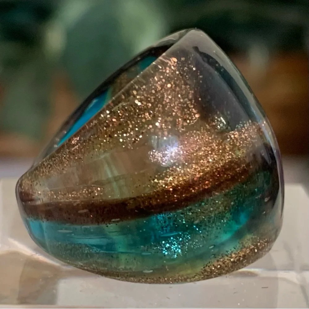 Vintage Murano Style Solid Glass Hand Blown Blue Gold Foil Artisan Ring Size 6